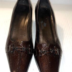 Chic Women's Brown Patent Leather Square Toe Buckle Heel Pumps Size 9M